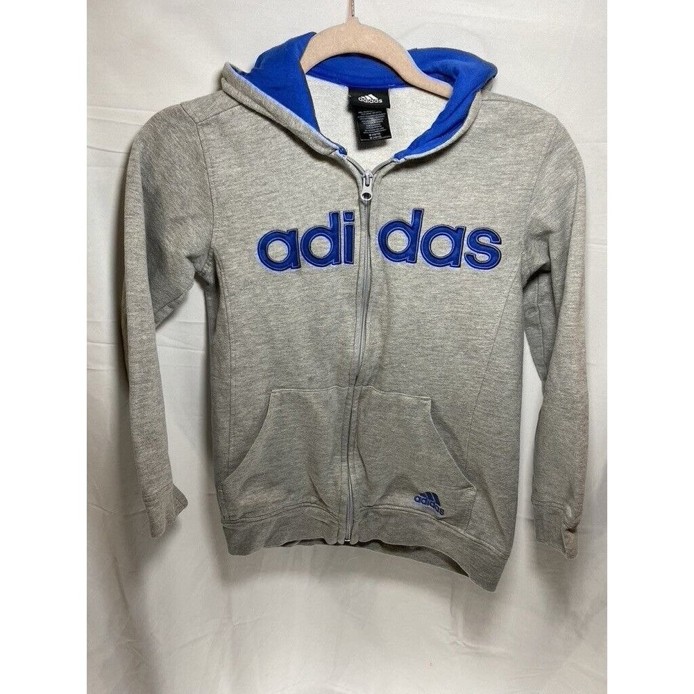 Adidas Shirt Boys Medium 10/12 Grey Blue Full Zip Spell Out Hooded Kids Youth